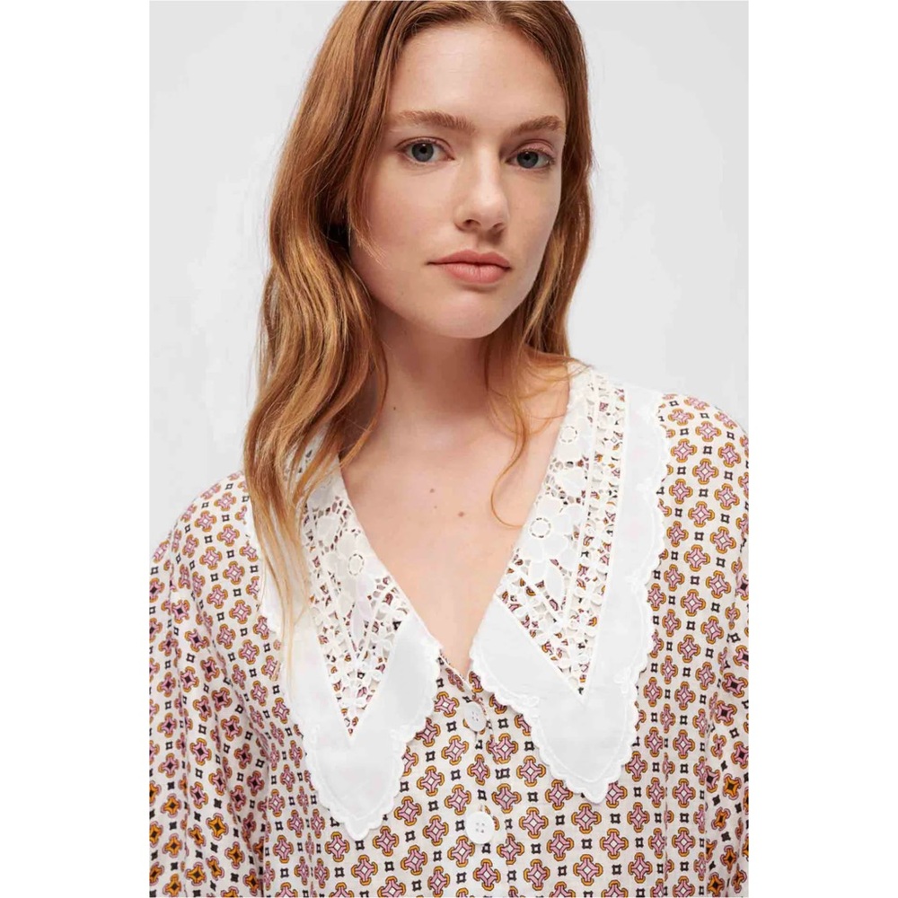 MAJE Lace Collar Tile Print Linen Puff Sleeve Cottagecore 70s Babydoll Dress‎ 6 - Picture 10 of 16